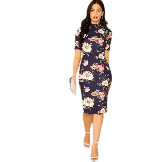 Navy Floral Print Short Sleeve Pencil Dress