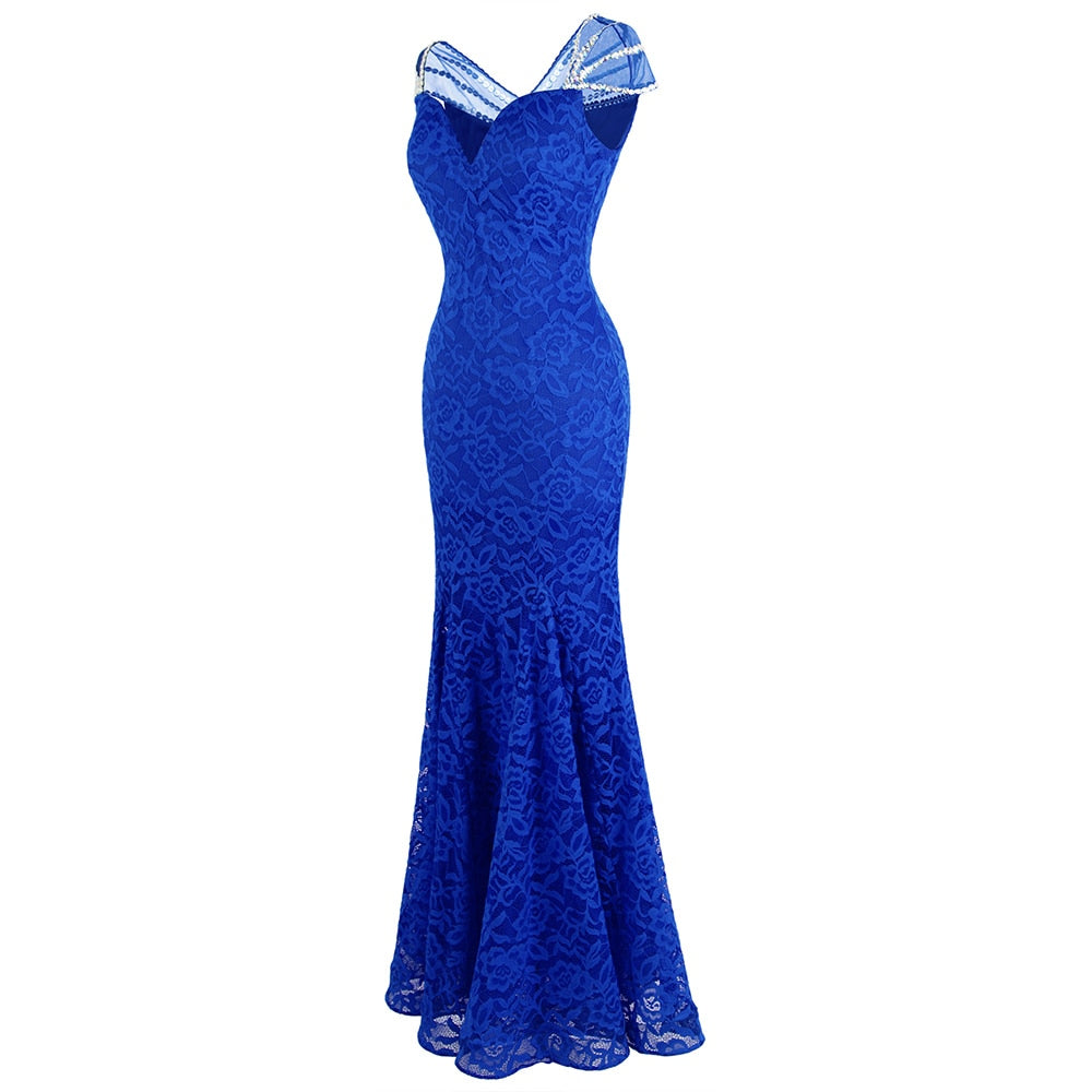 Women's Cap Sleeve Beading Lace Evening Dresses Long Mermaid Wedding Party Gown Blue