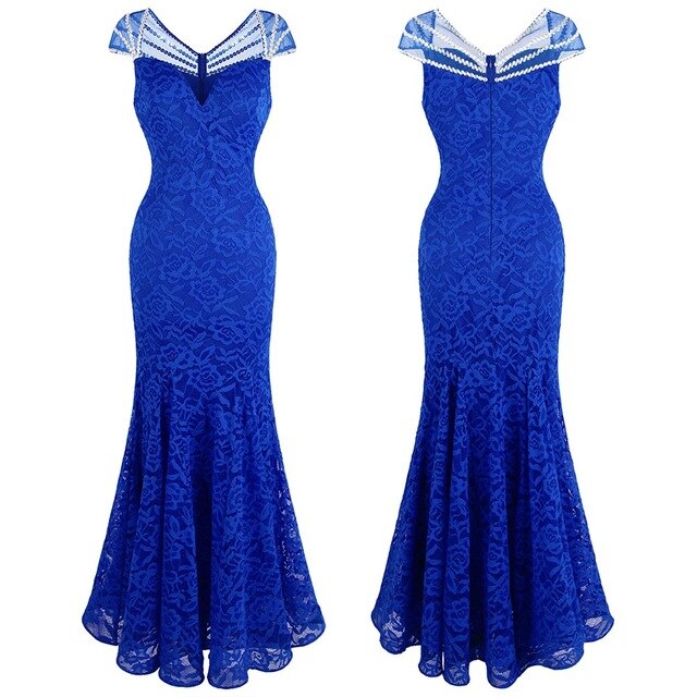 Women's Cap Sleeve Beading Lace Evening Dresses Long Mermaid Wedding Party Gown Blue