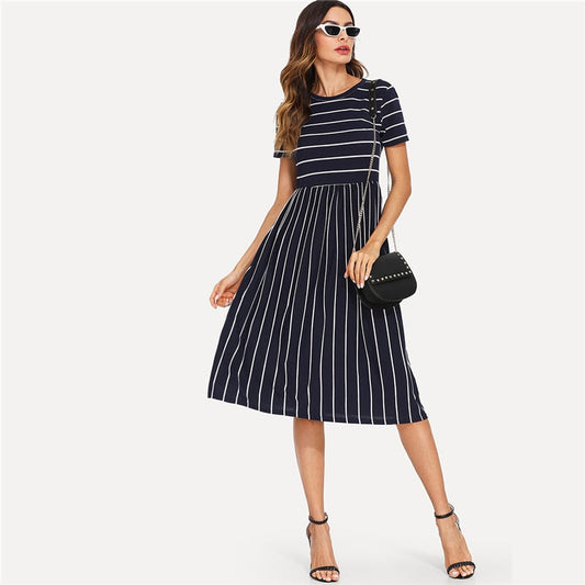 Navy Mixed Stipe Round Neck Short Sleeve Summer Dress