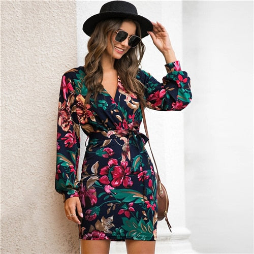 V Neck Floral Print Casual Belted Pencil Dress Streetwear High Waist Multicolor Short Dresses
