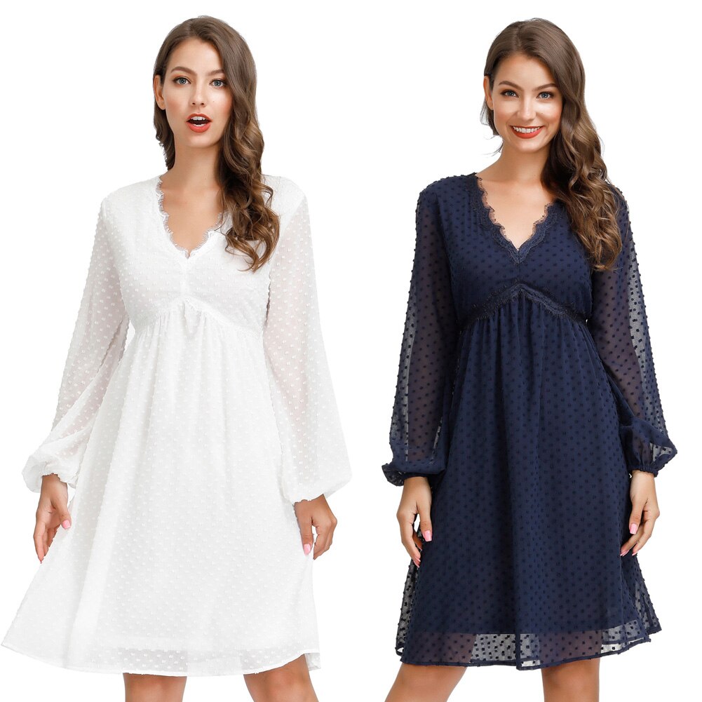 Women's Dresses Fashion V-Neck Empire Waist Swing Dress Long Sleeve Flared A-Line Summer Chiffon Mesh Lady Elegant Dresses New