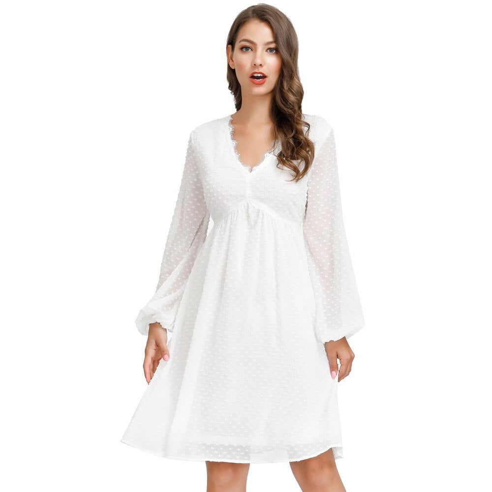 Women's Dresses Fashion V-Neck Empire Waist Swing Dress Long Sleeve Flared A-Line Summer Chiffon Mesh Lady Elegant Dresses New