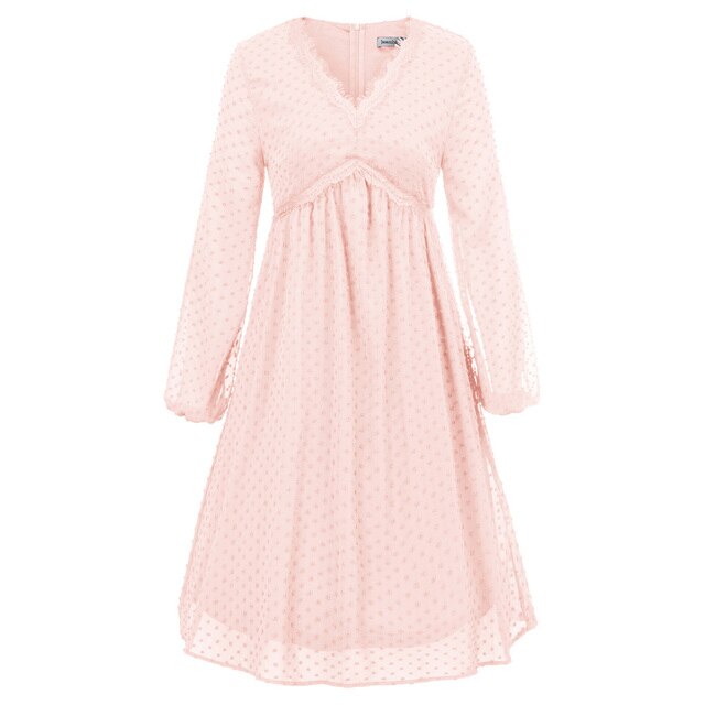 Women's Dresses Fashion V-Neck Empire Waist Swing Dress Long Sleeve Flared A-Line Summer Chiffon Mesh Lady Elegant Dresses New
