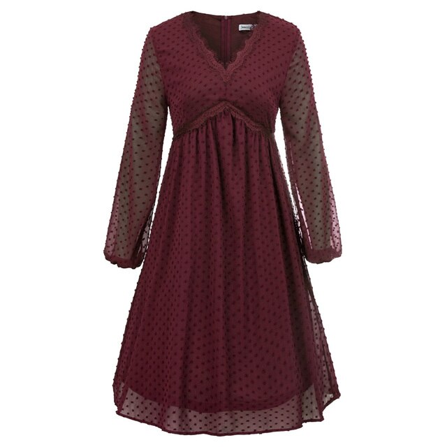 Women's Dresses Fashion V-Neck Empire Waist Swing Dress Long Sleeve Flared A-Line Summer Chiffon Mesh Lady Elegant Dresses New