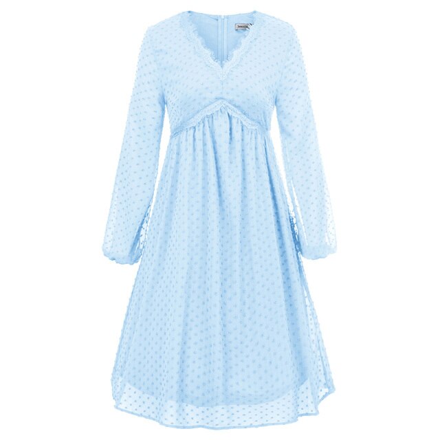 Women's Dresses Fashion V-Neck Empire Waist Swing Dress Long Sleeve Flared A-Line Summer Chiffon Mesh Lady Elegant Dresses New