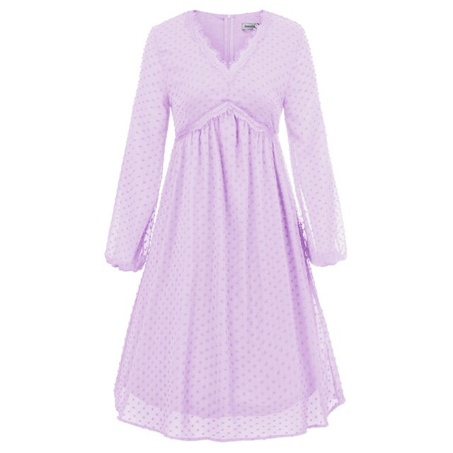 Women's Dresses Fashion V-Neck Empire Waist Swing Dress Long Sleeve Flared A-Line Summer Chiffon Mesh Lady Elegant Dresses New