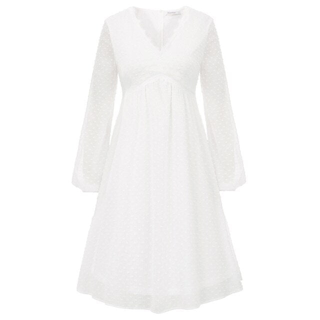 Women's Dresses Fashion V-Neck Empire Waist Swing Dress Long Sleeve Flared A-Line Summer Chiffon Mesh Lady Elegant Dresses New