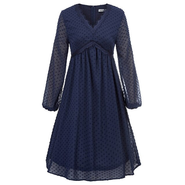Women's Dresses Fashion V-Neck Empire Waist Swing Dress Long Sleeve Flared A-Line Summer Chiffon Mesh Lady Elegant Dresses New